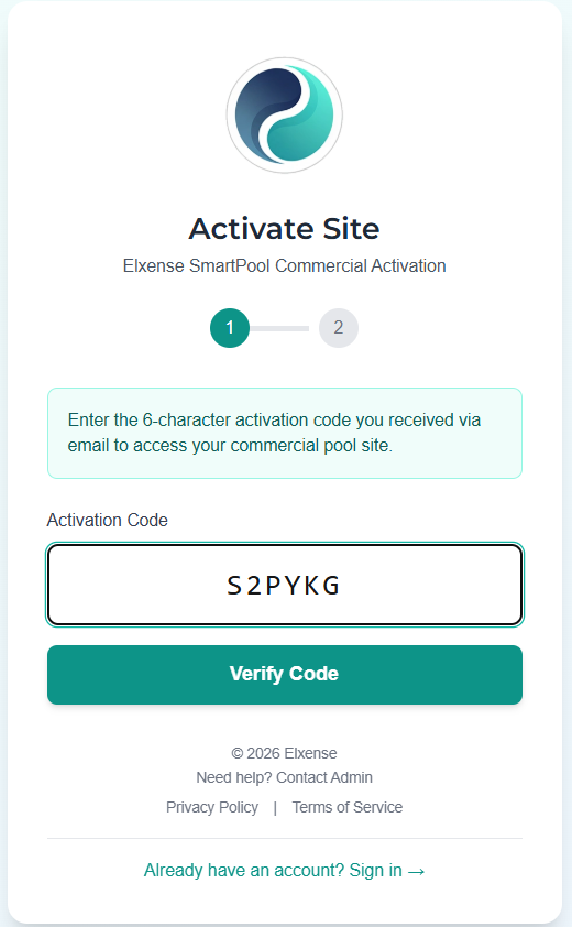 Activate Site — Enter Code